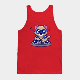 Cute Cat Playing Dj Music With Headphone Cartoon Tank Top